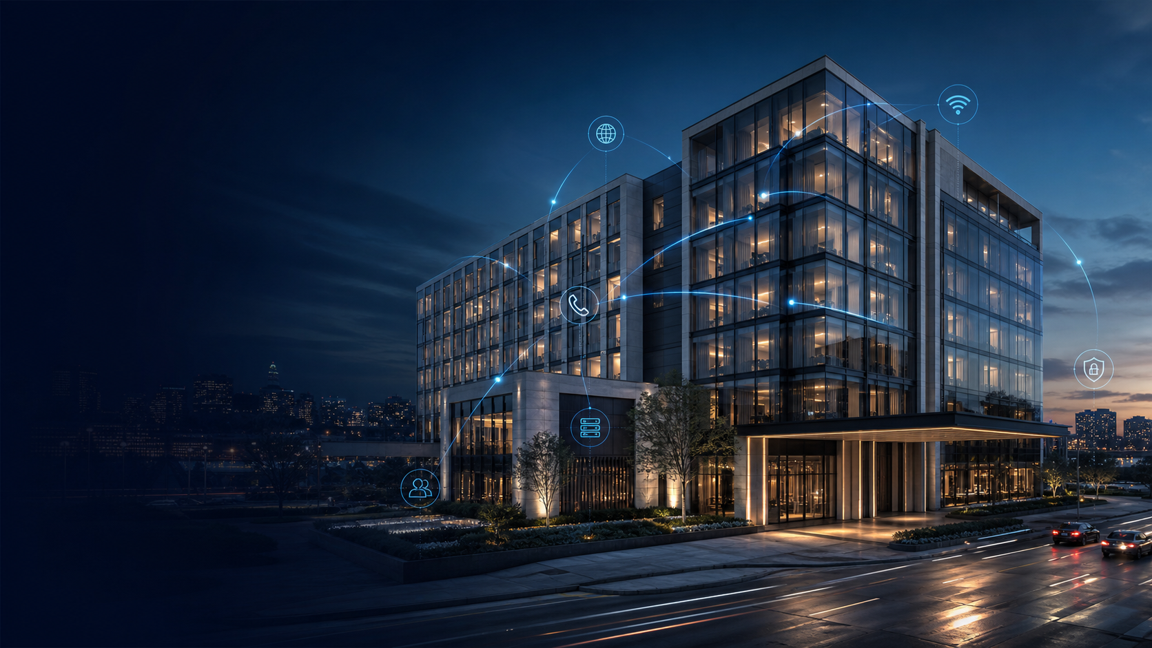 Modern building with subtle network infrastructure overlays
